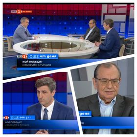  "Gazeteci" Tayfur Hüseyinov ve "gazeteci" DS ajanı Stefan Solakov, BNR televizyonunda İstanbul Belediyesi seçimlerini "yorumluyorlar."